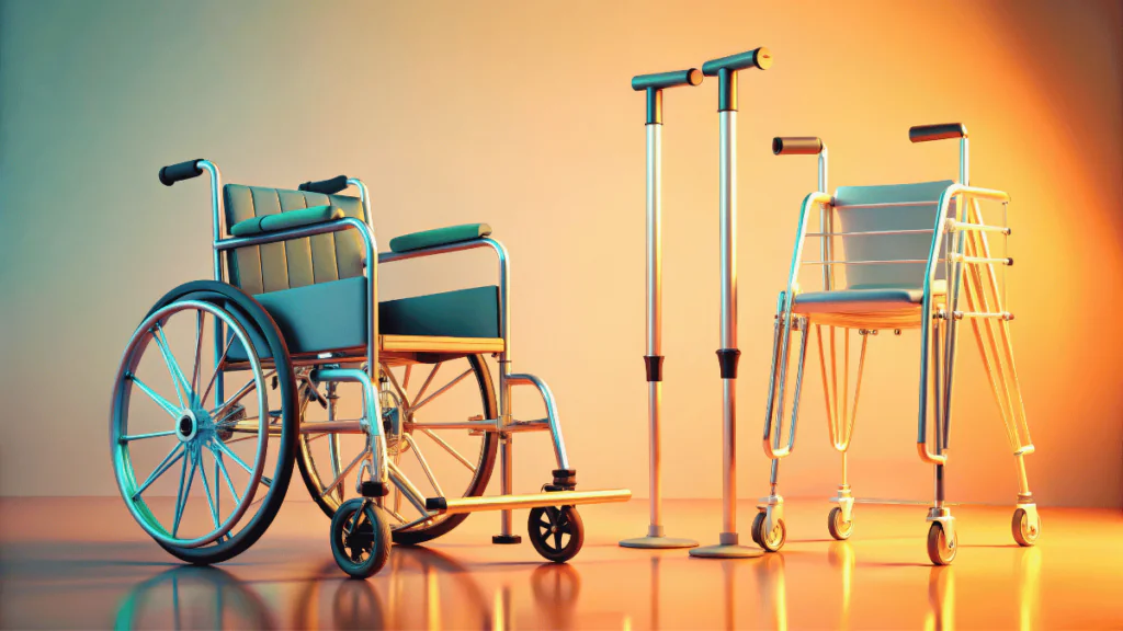 A walker, crutches, and a wheelchair